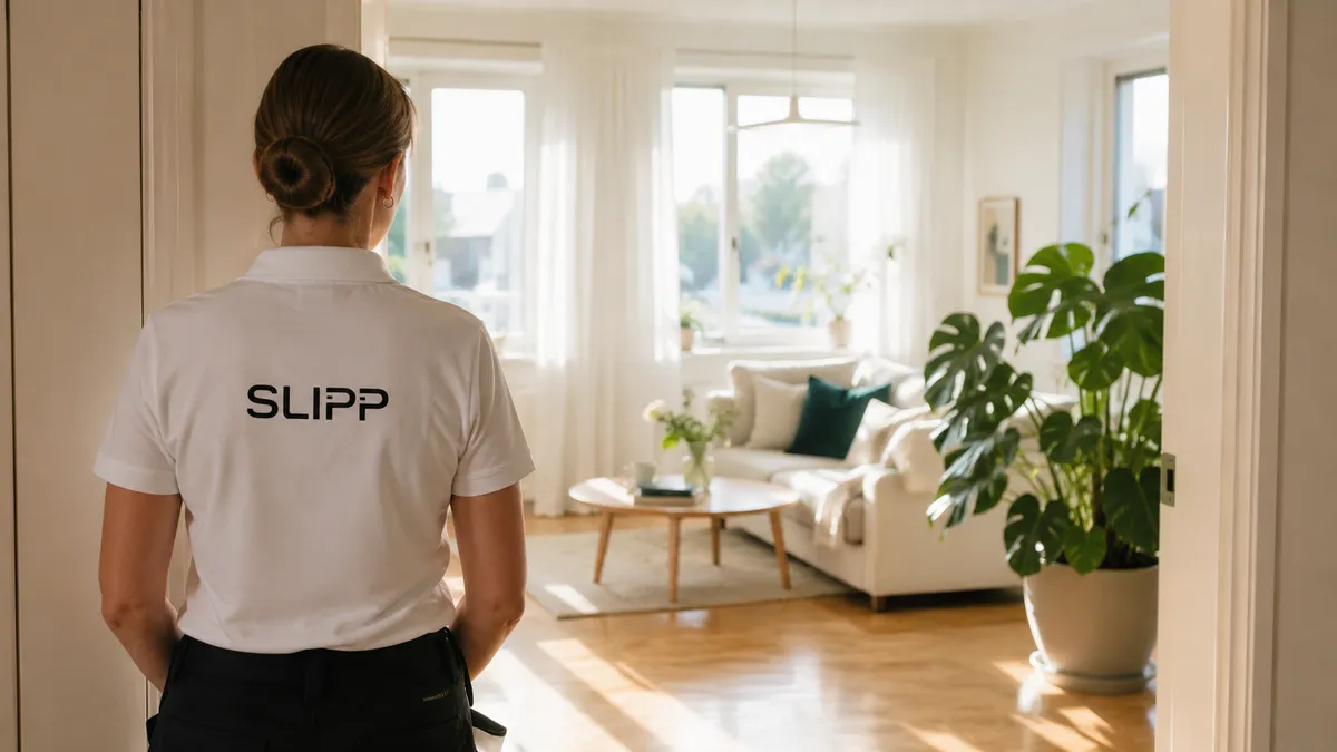 Medarbetare från Slipp Städning i ett ljust vardagsrum