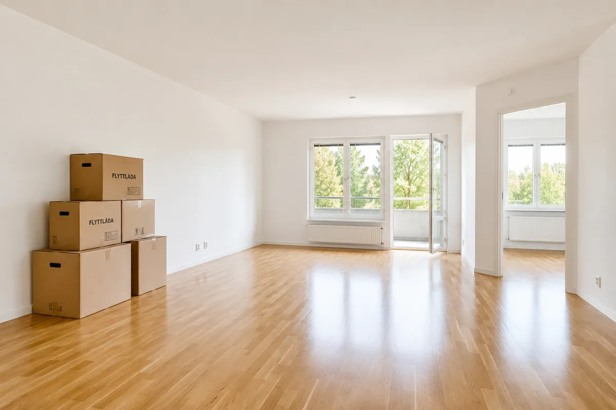 Tomt rent vardagsrum med flyttkartonger i hörnet, ljust och inbjudande