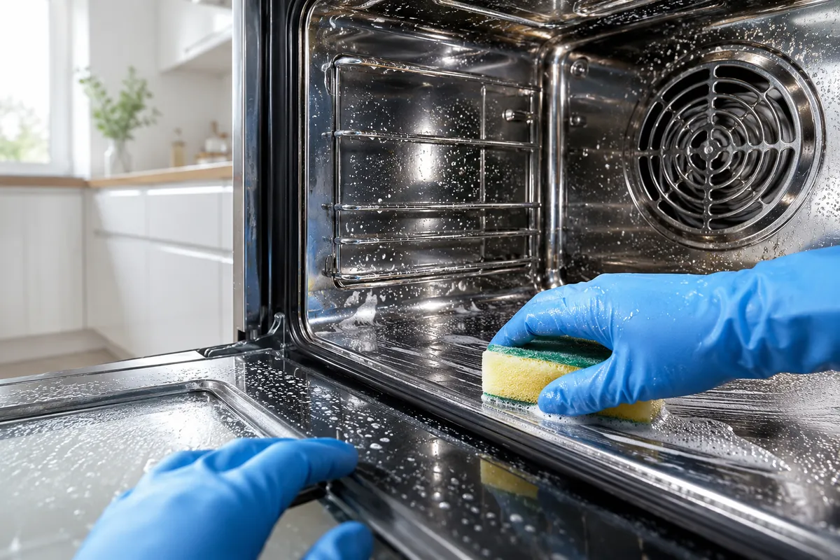 Skinande rent kök med naturligt ljus, närbild på blank yta
